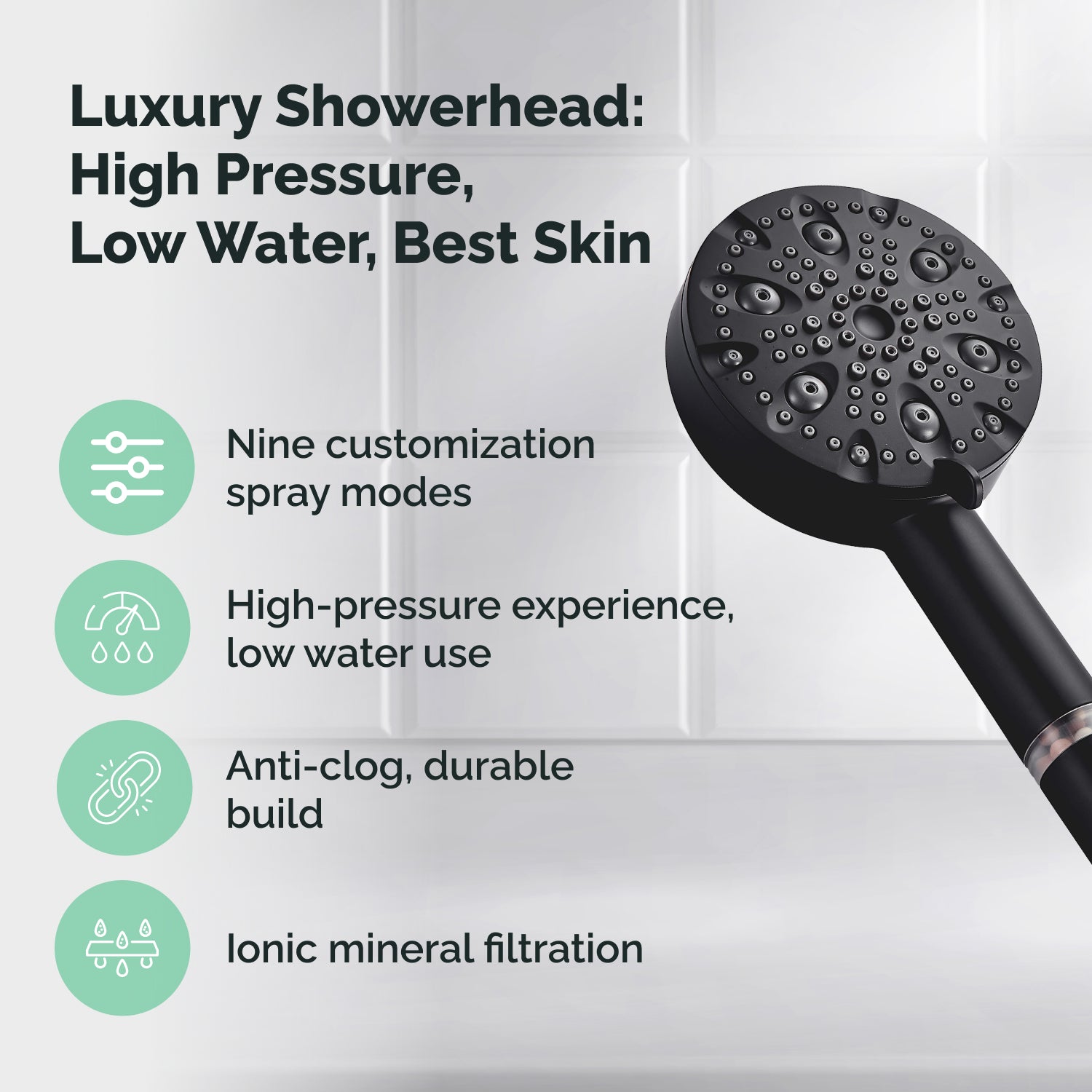 9-Mode Luxury Handheld & Wall Combo Shower Head with Filtration Kit - Black