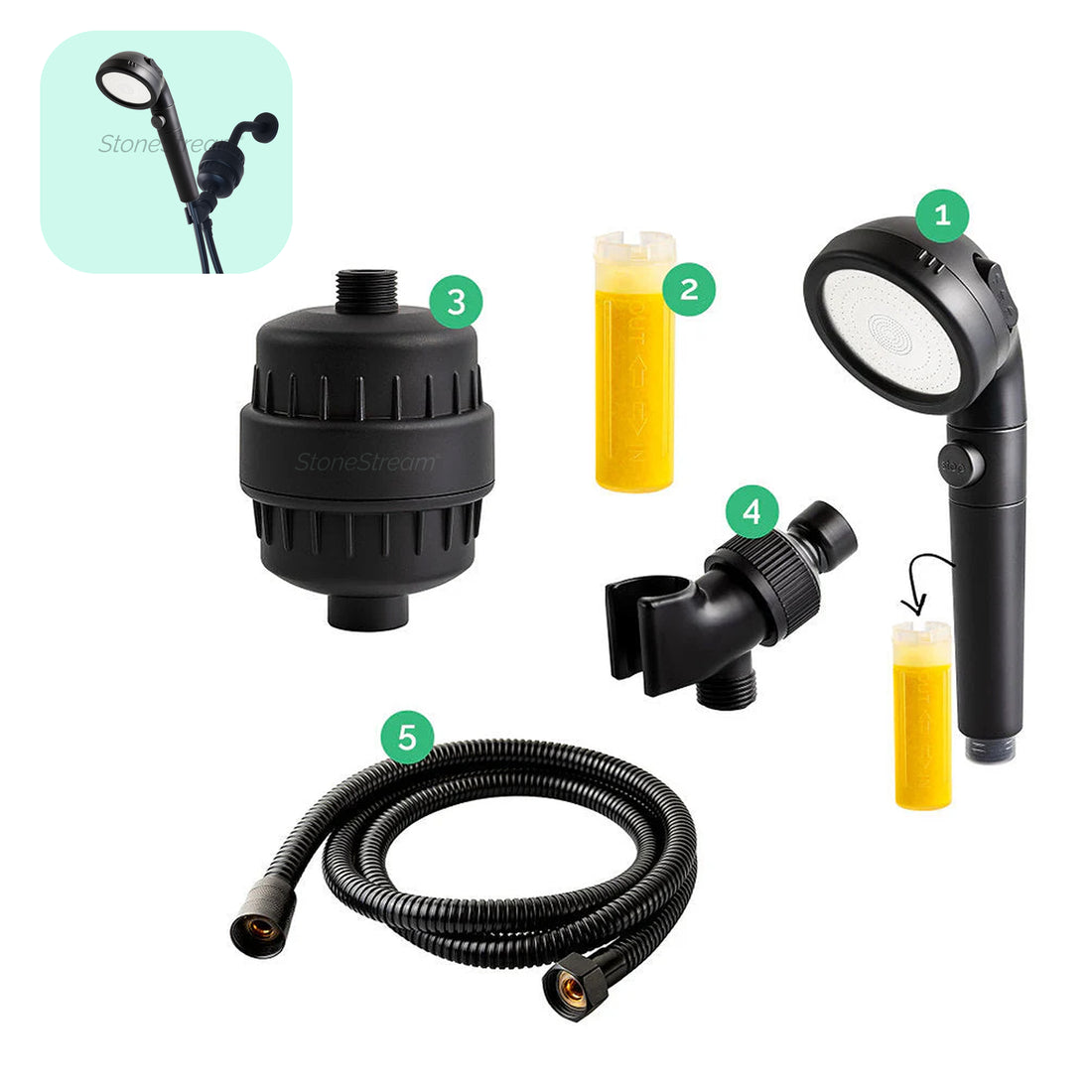 Black Ecopower Shower Head with Hard Water Filtration Kit