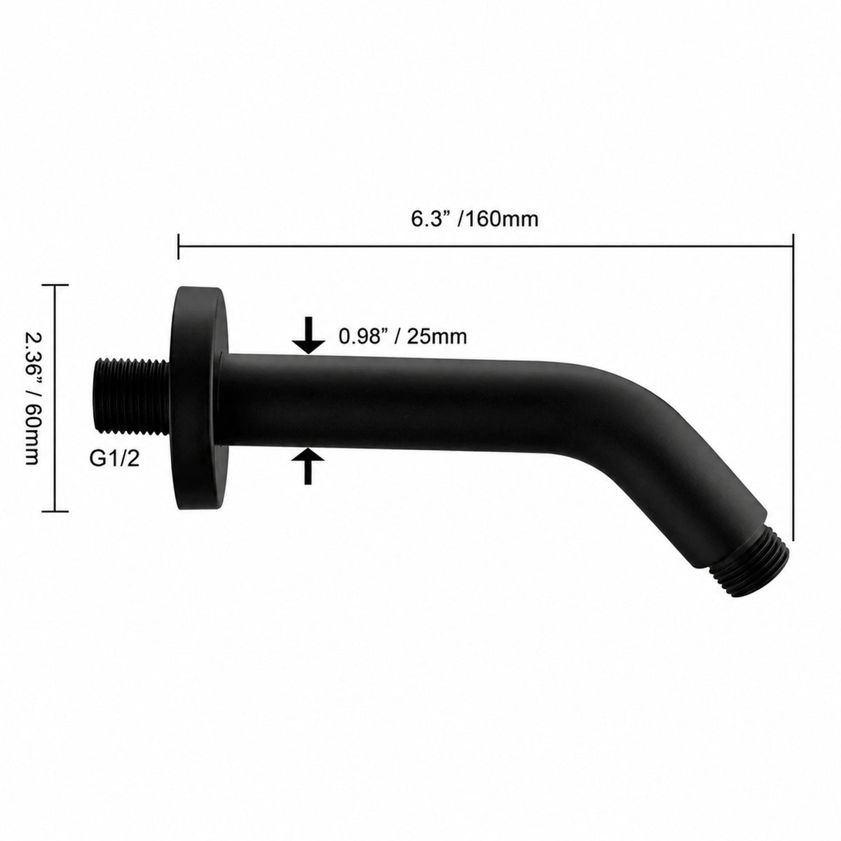Shower Head Arm for Wall-Mount Shower - Matte Black - 1/2 inch thread